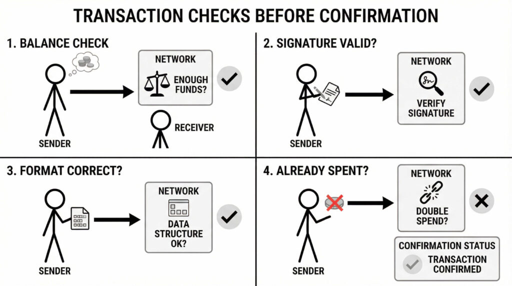 Several transaction checks before confirmation with cryptocurrency